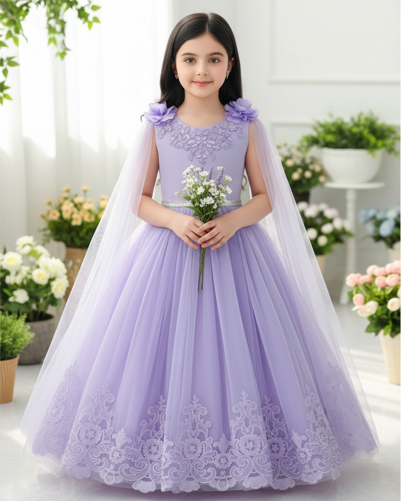Girls’ Elegant Purple Sequin Princess Dress with 3D Floral Shawl