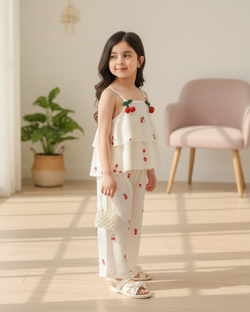 Cherry Print Cami Top With 3D Pom Pom Decor & Straight Leg Pants
