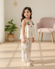 Cherry Print Cami Top With 3D Pom Pom Decor & Straight Leg Pants