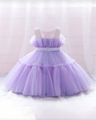 Purple Color Bow Decor Tulle Elegant Dress