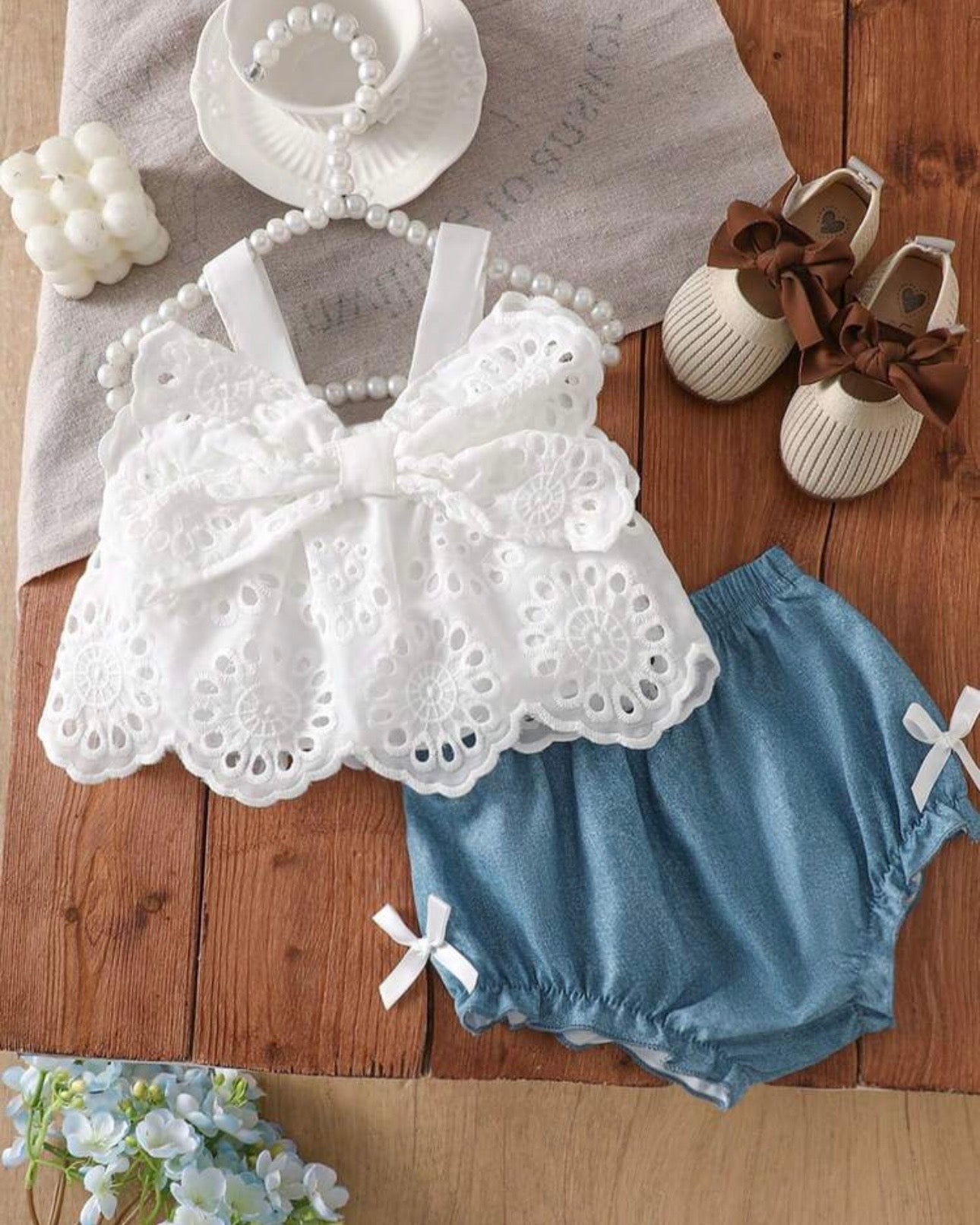 Baby Girl Hollow Lace Bow Top & Blue Shorts Set