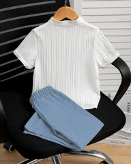 Boys 2pcs White Vertical Striped Short Sleeve Shirt & Blue Pants