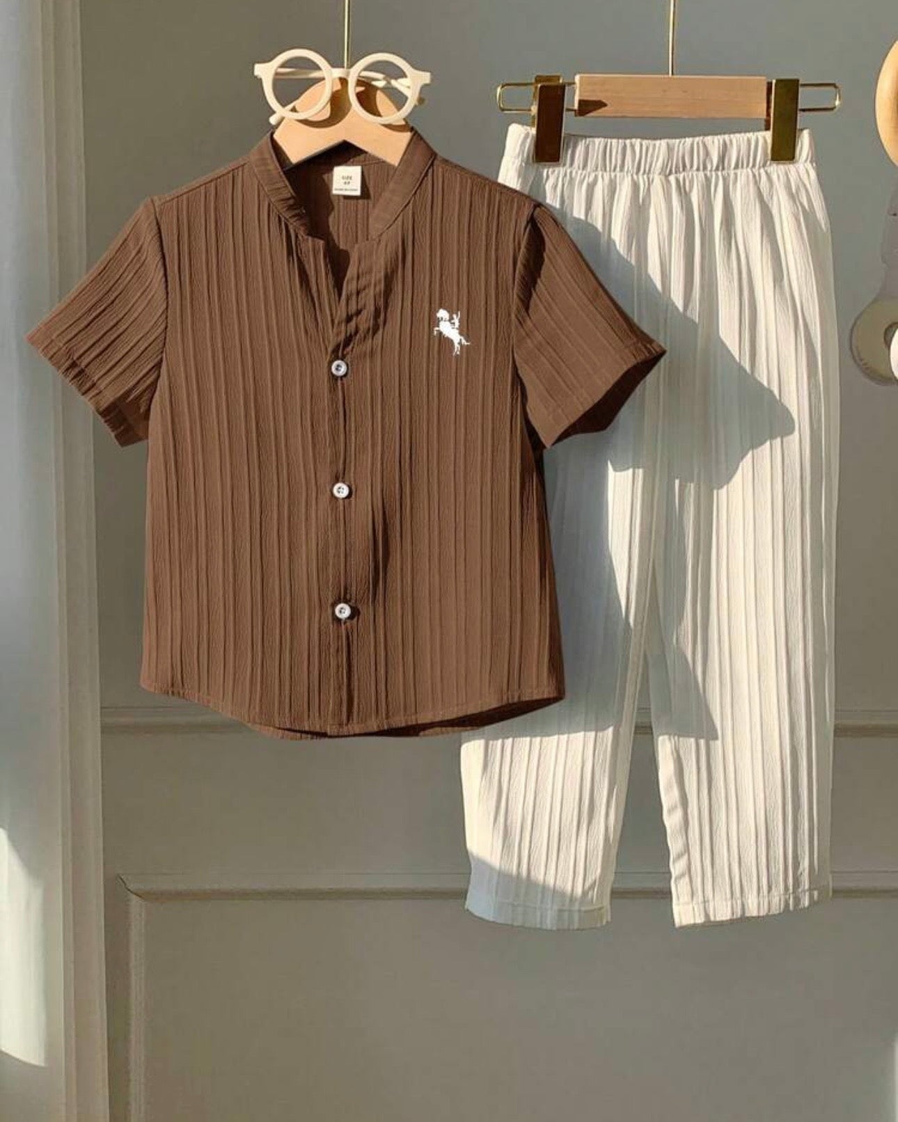 2pc Boys Brown and White Textured Shirt & Trouser Set