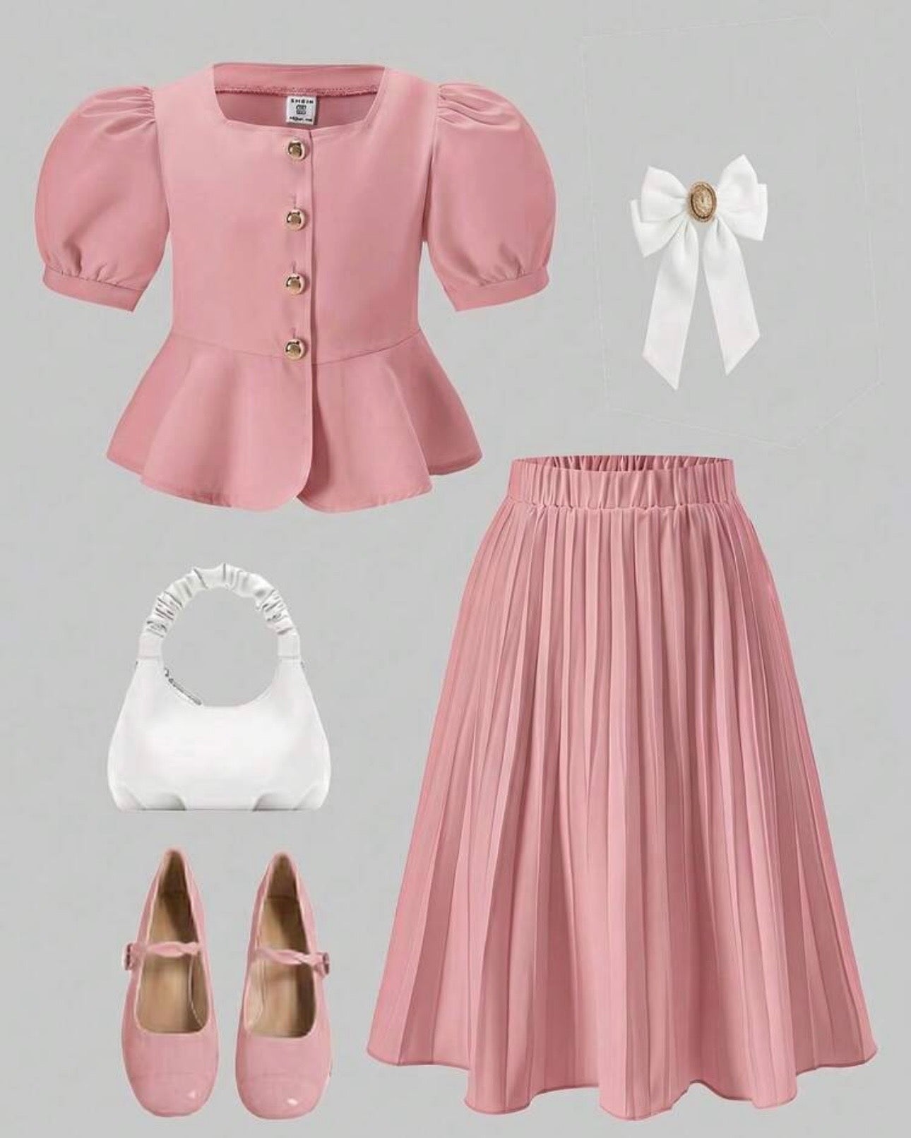 Girls’ 2pc Pink Square Collar Puff Sleeve Top & Pleated Skirt Set