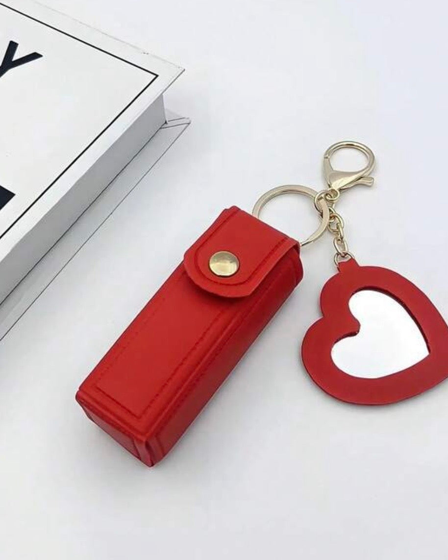 Leather Portable Mini Lipstick Case With Mirror & Keychain