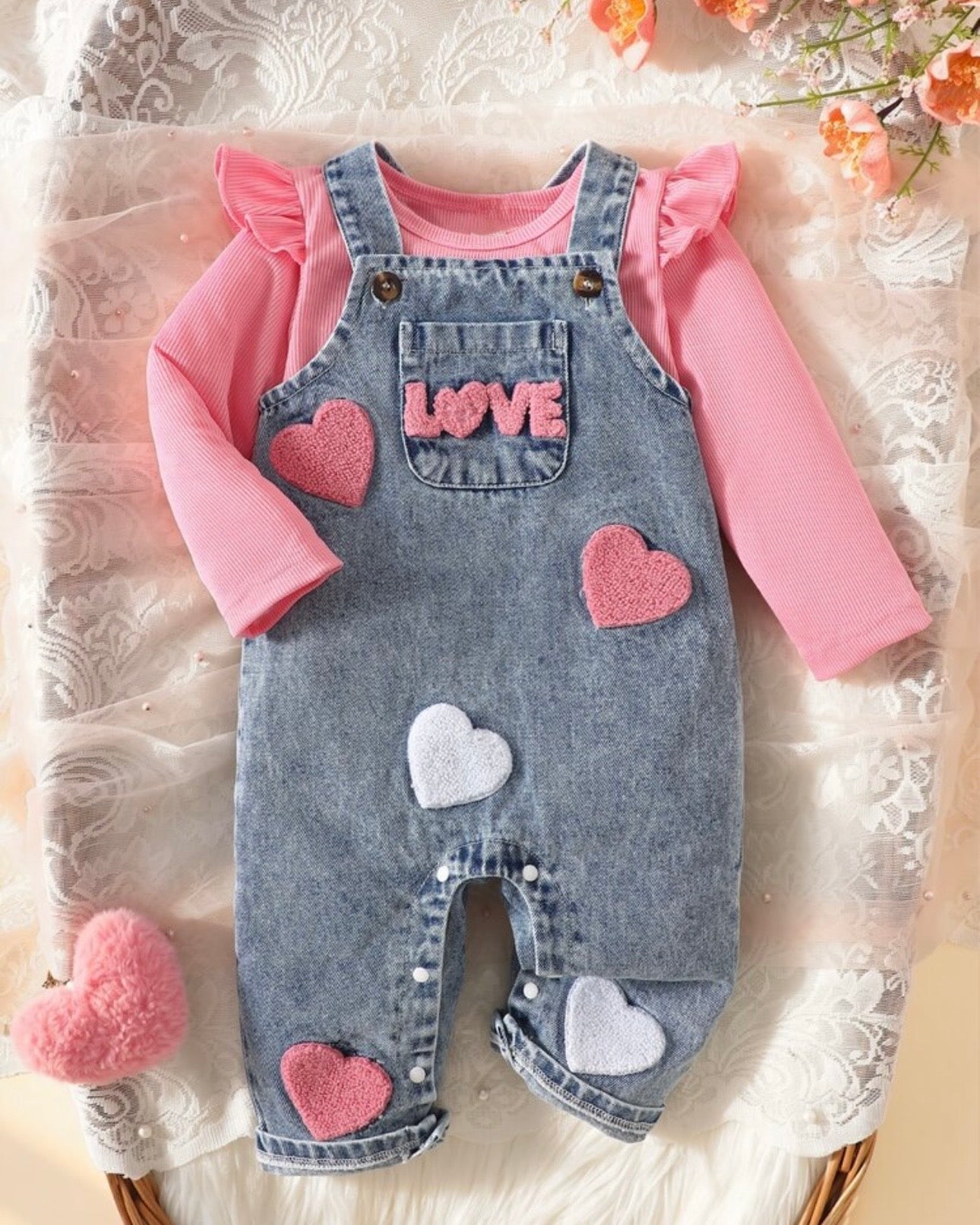 2pcs Newborn Baby Girl Sweet Pink Top + Denim Overall Set