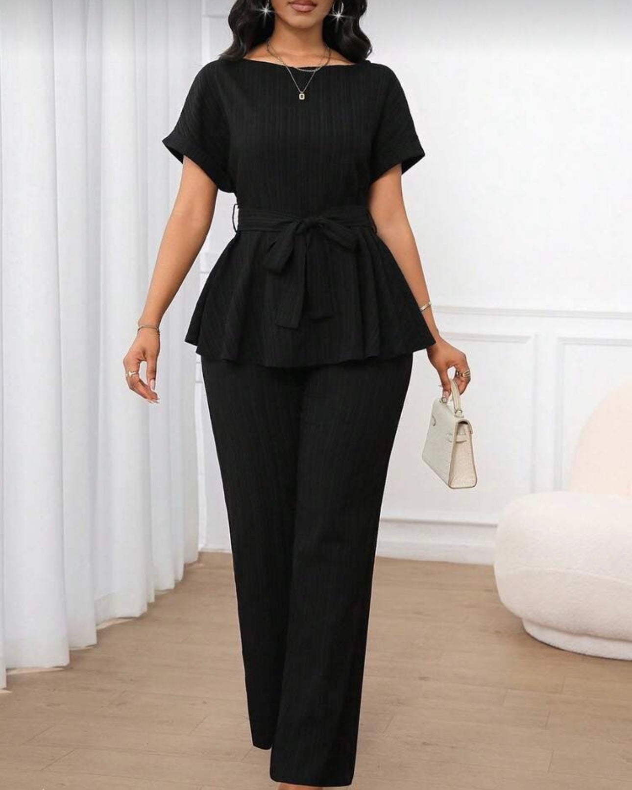 Women's 2 pcs Solid Color, Casual And Elegant Commuter Jacquard Fabric, Loose Waist A-Hem, Short-Sleeved Top And Loose Straight-Leg Pants