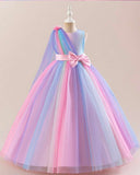 Girls Rainbow Ombre Pink  Dress – Sleeveless Bow Tulle Puffy Long Gown