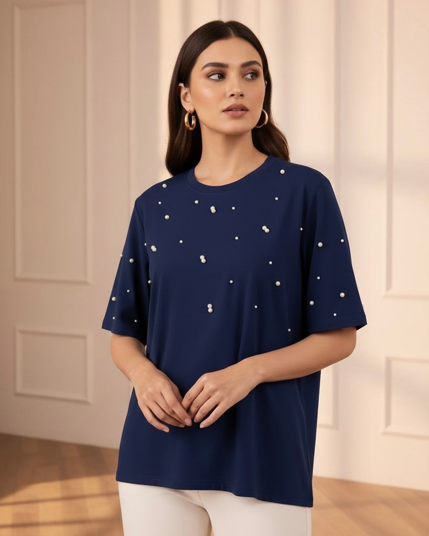 Women’s Navy Blue Beaded T-Shirt