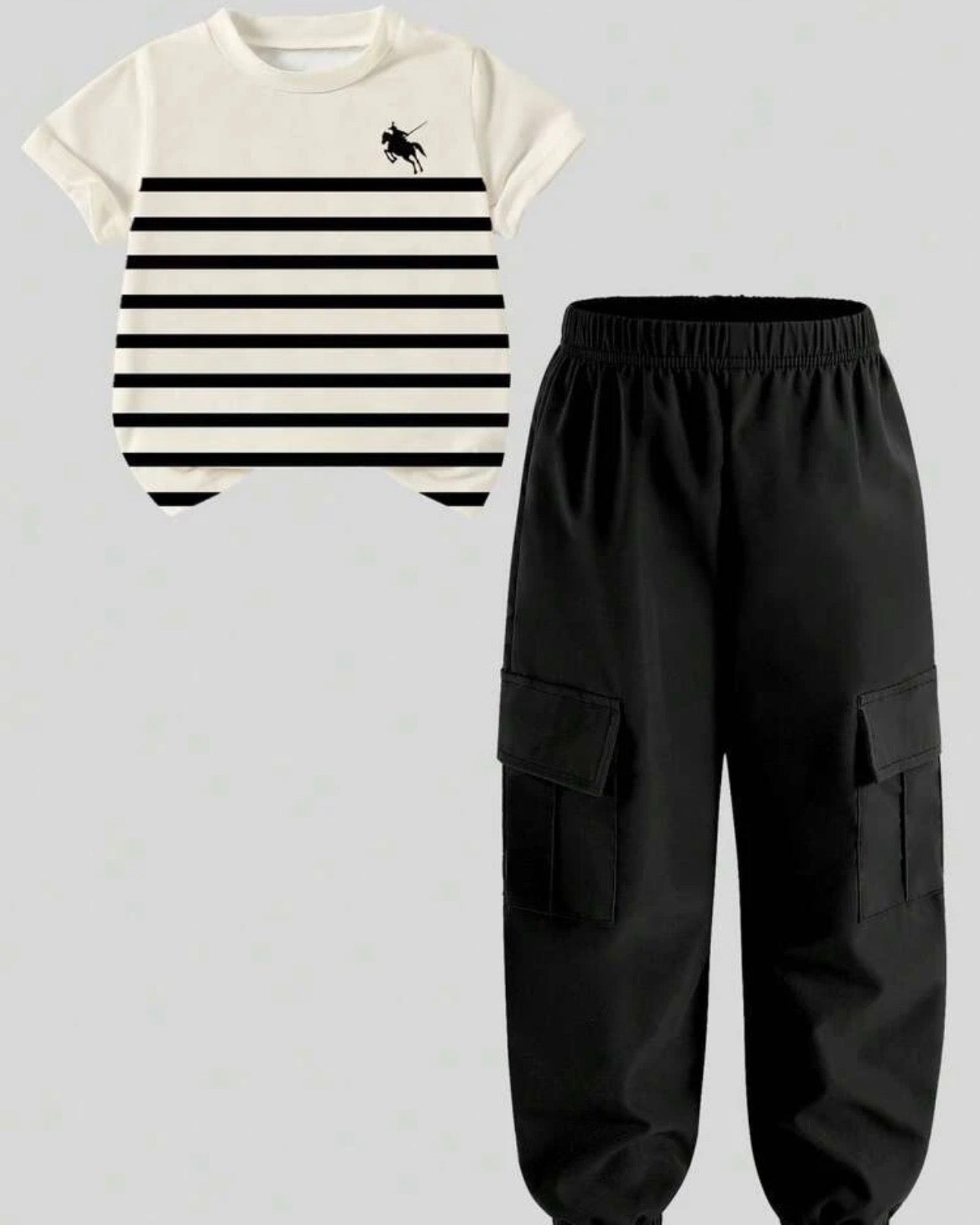 2pcs Boys Striped White & Black Polo Style Shirt And Pants Set