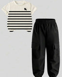 2pcs Boys Striped White & Black Polo Style Shirt And Pants Set