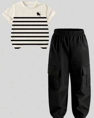 2pcs Boys Striped White & Black Polo Style Shirt And Pants Set