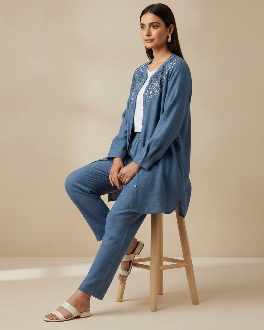 Plus Size Linen Blend Lace Patchwork Shirt & Pants 2pcs Set