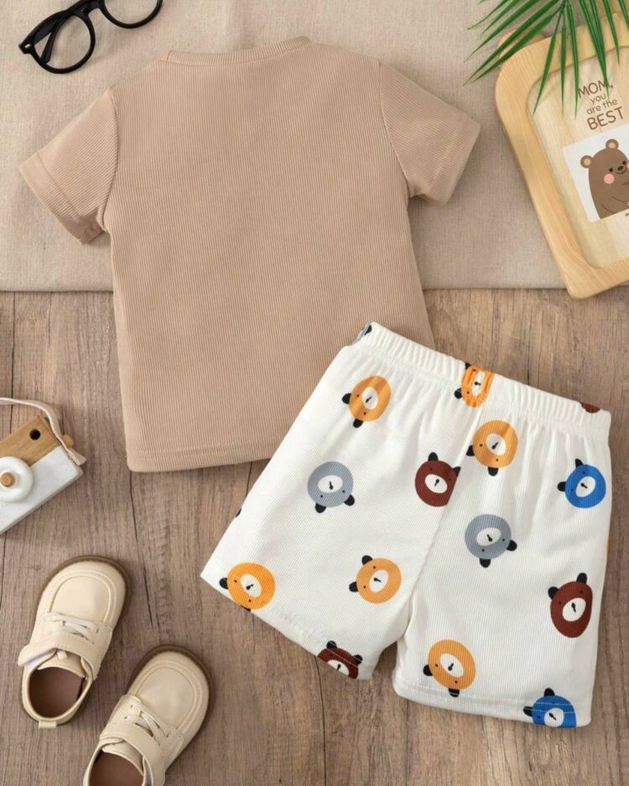 Baby Boy Bear Beige Ribbed Summer Set