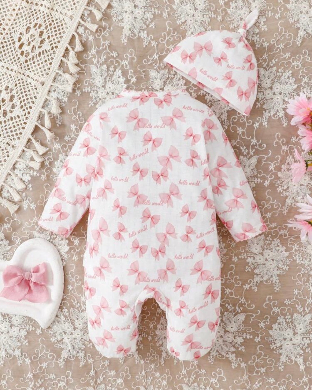 Newborn Baby Girl Pink Bow Print Ribbed Knit Footed Romper Set