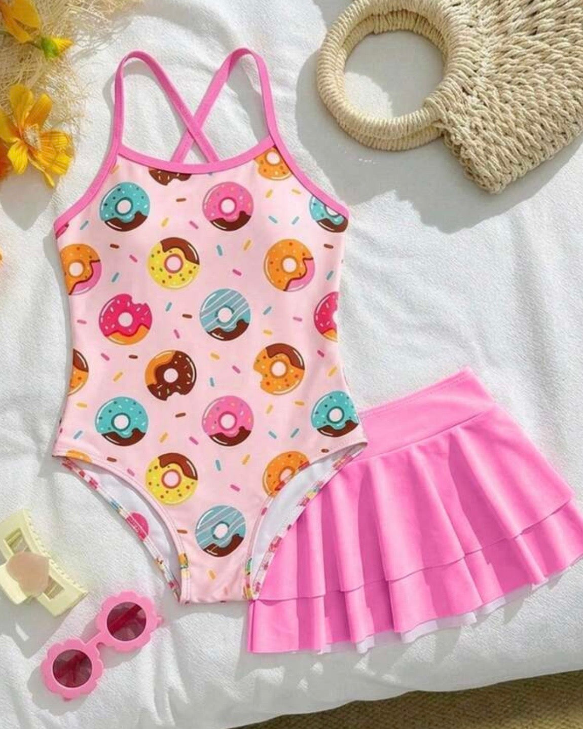 Girls Donuts Print One-Piece Swimsuit With Pink Skirt