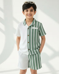 2pcs Boys Casual Green Striped Outfit Set – Short Sleeve Shirt & Matching Bottoms