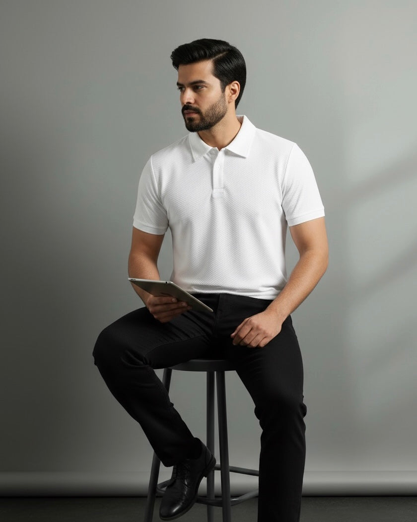 Men’s White Colour Textured Half Sleeve Casual Polo Shirt – Summer