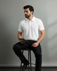 Men’s White Colour Textured Half Sleeve Casual Polo Shirt – Summer