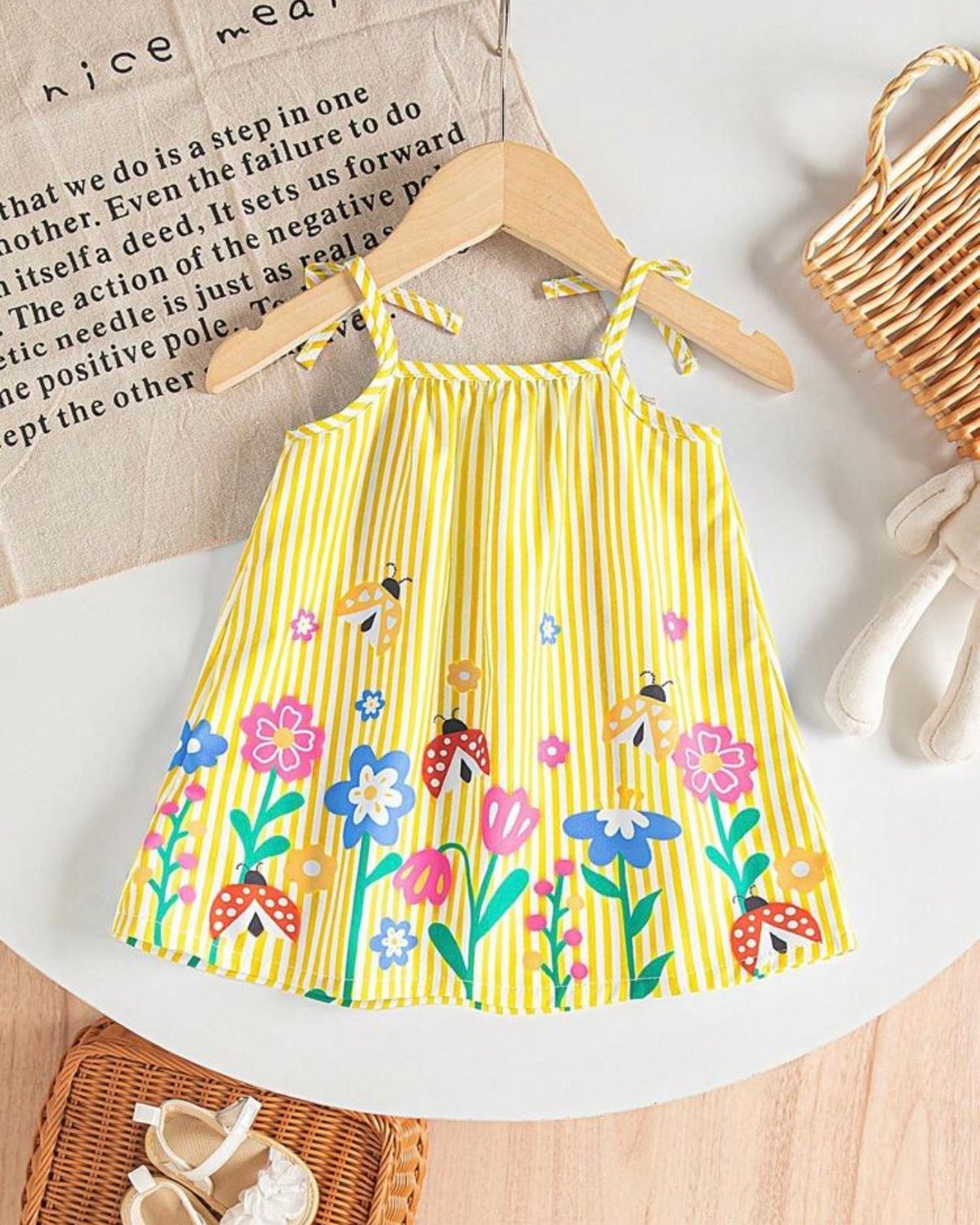 Baby Girl Yellow Floral & Honey Bee Print Suspender Dress with Bow
