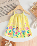 Baby Girl Yellow Floral & Honey Bee Print Suspender Dress with Bow