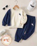 Young Boys  Beige & Blue Long Sleeve Colorblock 2 Pieces set