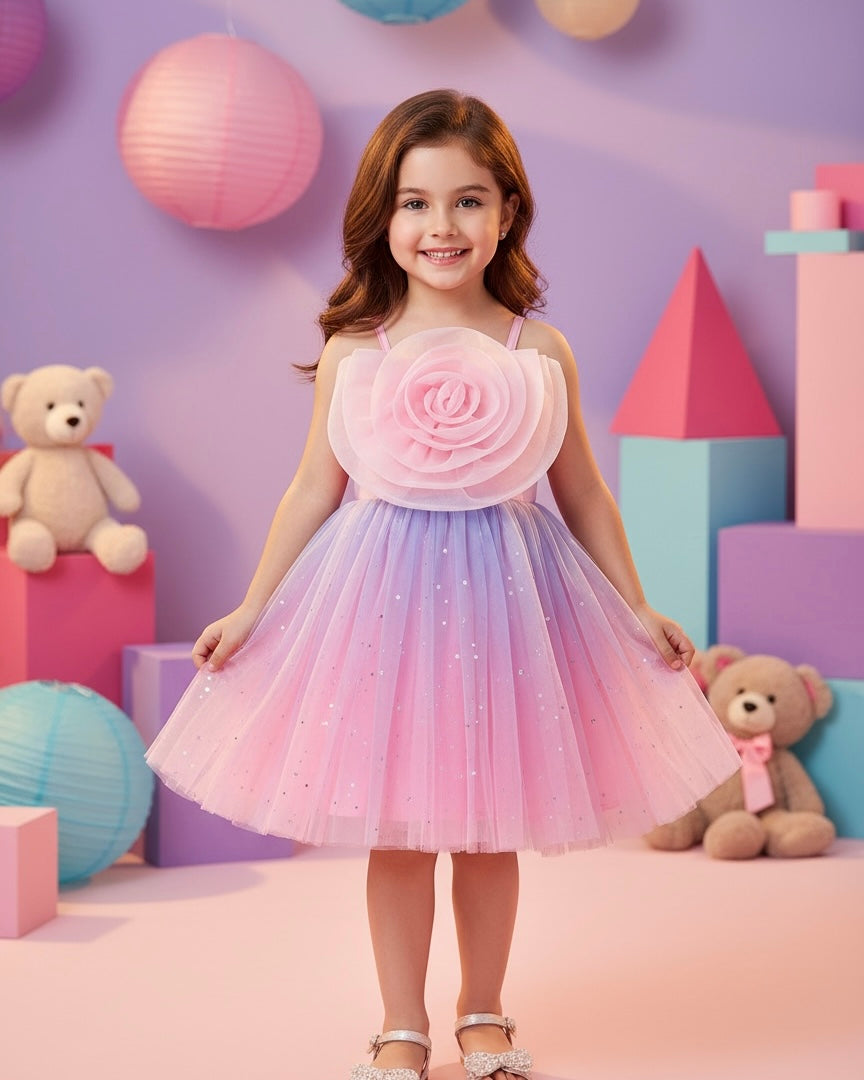 Pink Floral Patchwork Star Mesh Strap Dress – Girls
