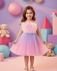 Pink Floral Patchwork Star Mesh Strap Dress – Girls