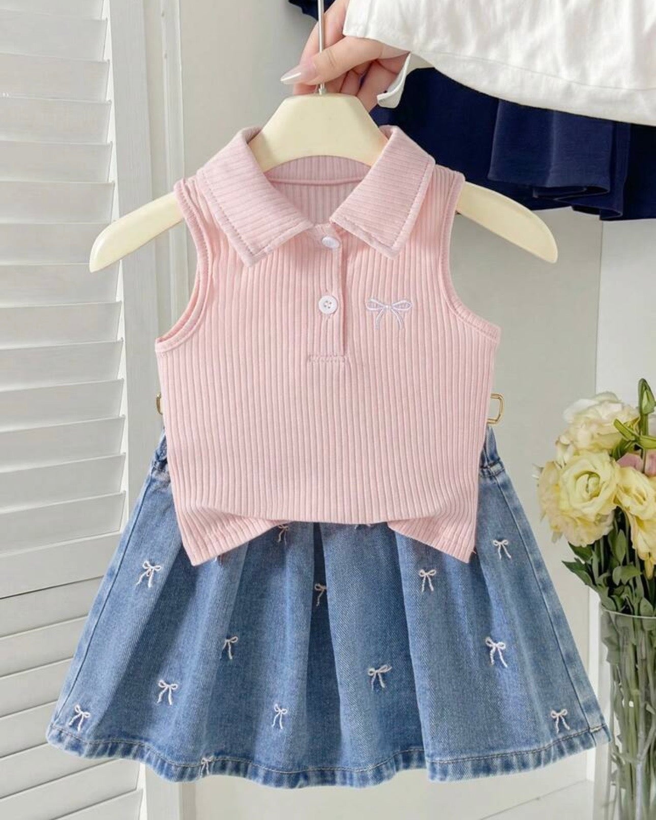 Girls’ Pink Sleeveless Polo Knit Top & Light Blue Denim Skirt
