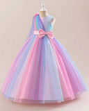Girls Rainbow Ombre Pink  Dress – Sleeveless Bow Tulle Puffy Long Gown
