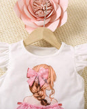 Girls Cartoon Print Mesh Splice Cap Sleeve Top And Heart Mesh Skirt
