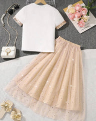 2pcs Tween Girl Beaded Decor Round Neck Short Sleeve T-Shirt And Beige Elegant Mesh Sequin Skirt