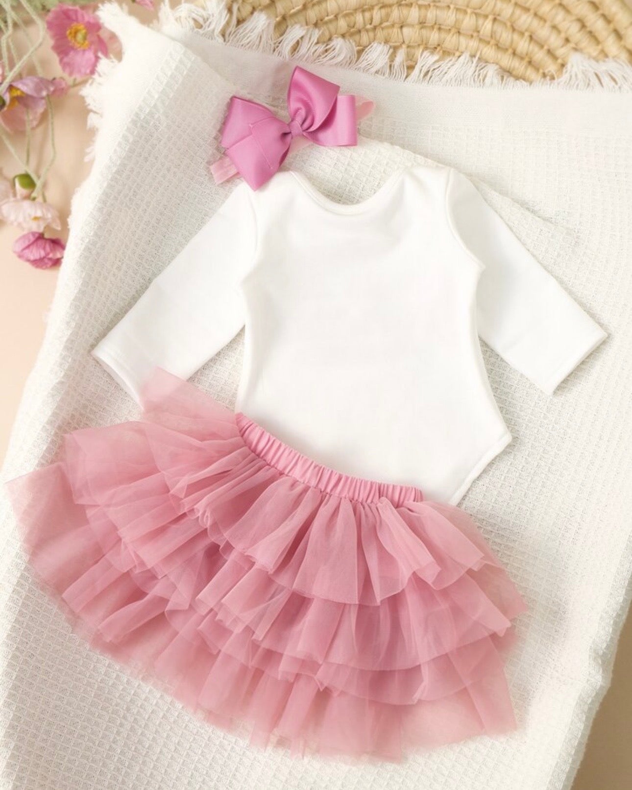 Newborn Baby Girl Romper with Dusty Pink Tutu Skirt & Bow Headband