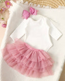Newborn Baby Girl Romper with Dusty Pink Tutu Skirt & Bow Headband
