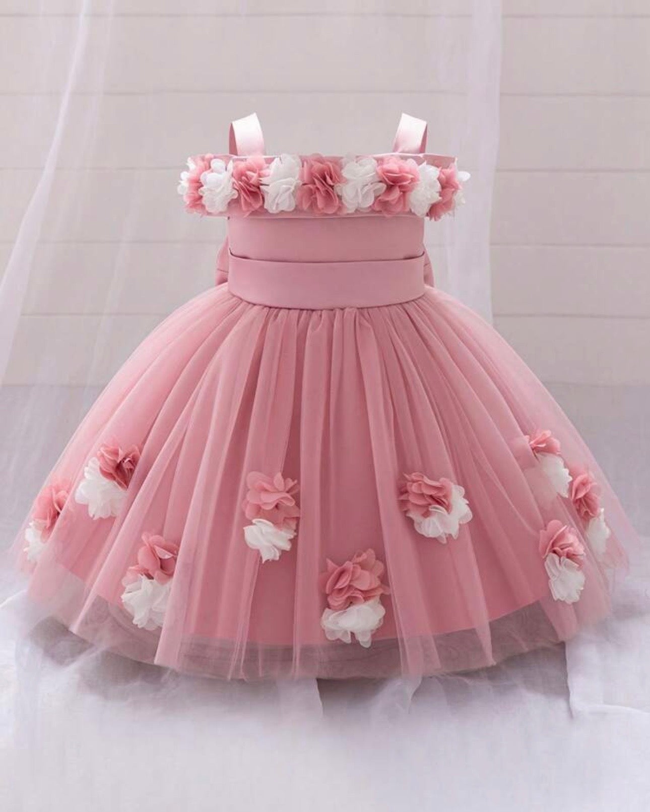 Baby Girls Dusty Pink Floral Tulle Princess Dress – Birthday Outfit