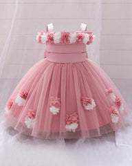 Baby Girls Dusty Pink Floral Tulle Princess Dress – Birthday Outfit