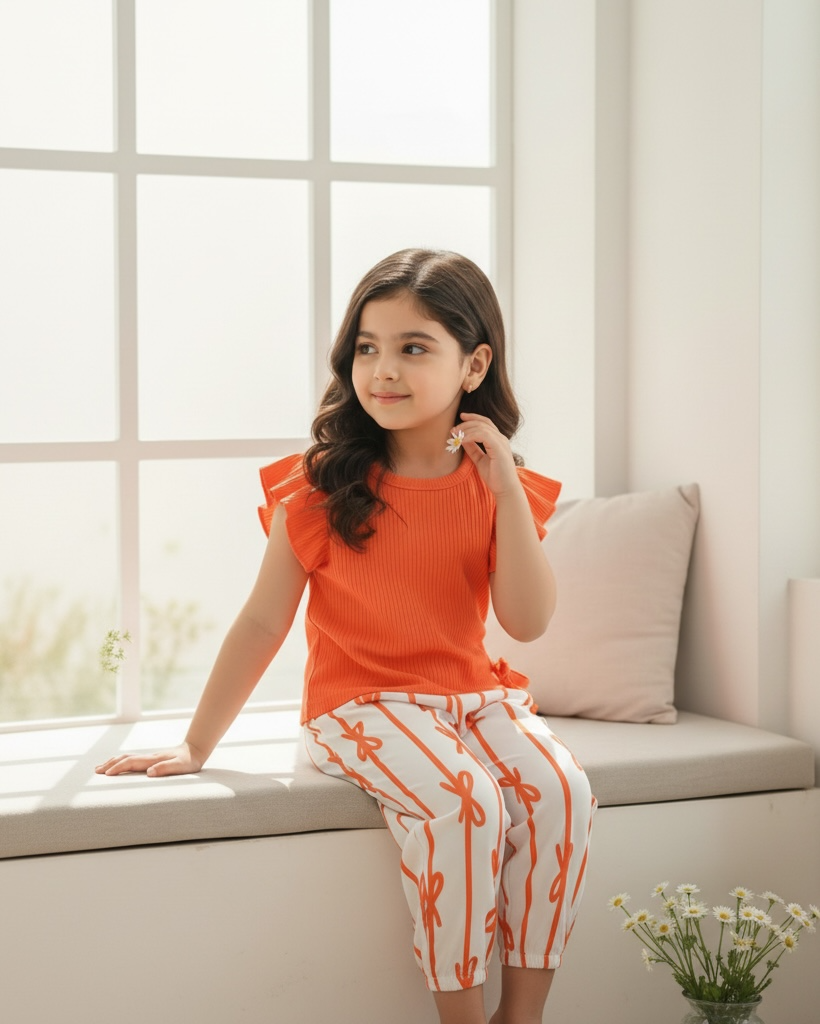 Baby Girls Orange Striped Ruffle Sleeve T-Shirt & Floral Pants Set