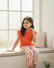 Baby Girls Orange Striped Ruffle Sleeve T-Shirt & Floral Pants Set
