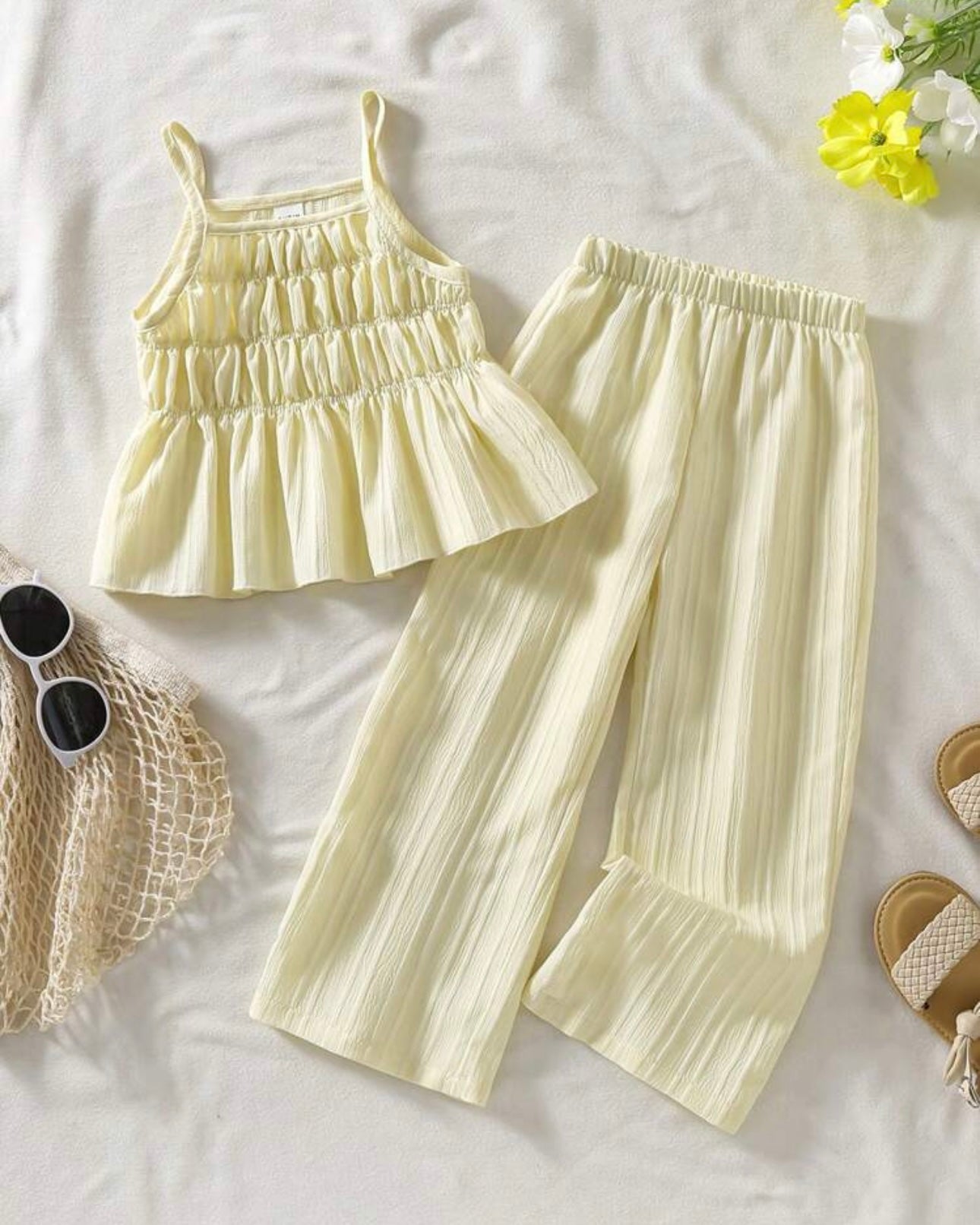 2pcs Yellow Ruffle Trim Camisole & Wide Leg Pants