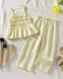 2pcs Yellow Ruffle Trim Camisole & Wide Leg Pants