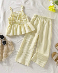 2pcs Yellow Ruffle Trim Camisole & Wide Leg Pants