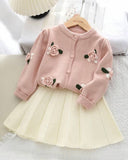 Girls' Pink Long Sleeve Floral Pom Pom Decorated Sweater And Pleated Skirt