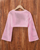 Tween Girls Pink Crew Neck Long Sleeve Hollow Knitwear