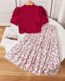 Tween Girl 2Pcs Outfit – Red Faux Pearl Top & Floral Ruffle Skirt Set