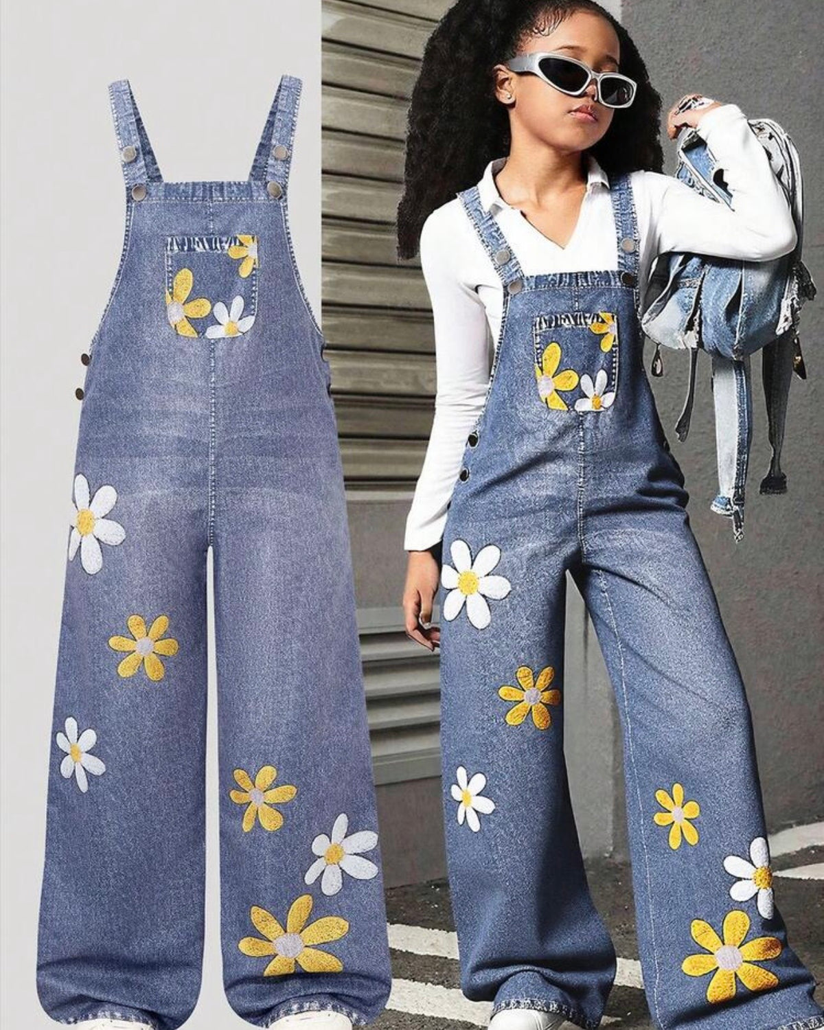 Girls' One-Piece Floral Denim Overalls
