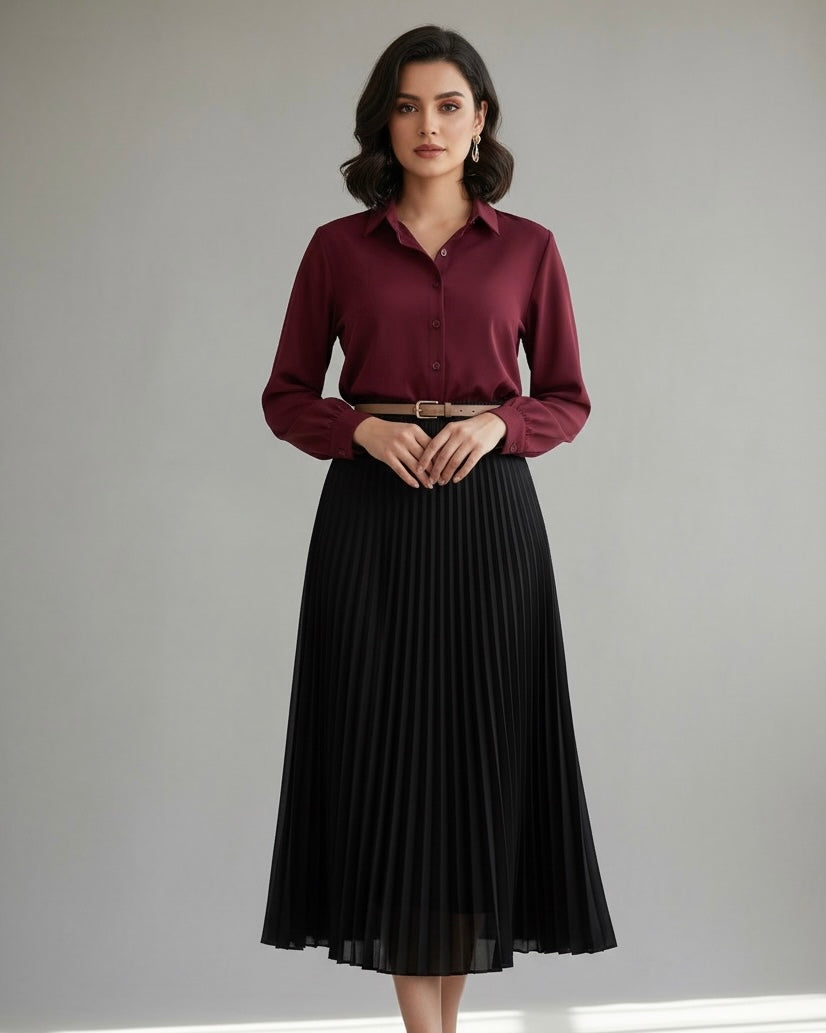 Solid Color Long Sleeve Shirt Paired With A-Line Skirt, Pleated Skirt Comes With Belt