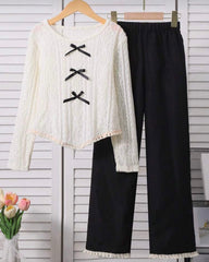 2pcs/Set Girls Ruffle Trim V-Neck Long Sleeve Top And Straight Leg Floral Trim Denim Pants Casual Outfit