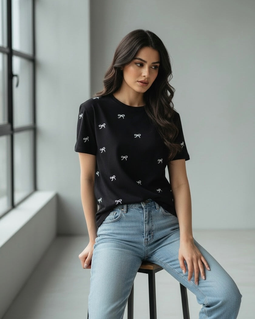 Regular Loose Bow Print Women T-Shirt - Summer