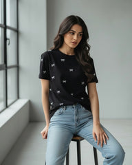 Regular Loose Bow Print Women T-Shirt - Summer
