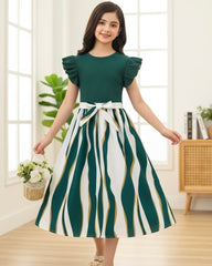 Tween Girls Fashionable Geometric Print Ribbed Green Dress